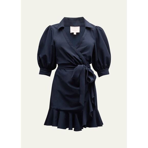 Cinq à Sept Dresses & Skirts - Cinq à Sept Women's Navy Vickie Puff-Sleeve Ruffled Mini Wrap Dress Size 10 NWOT